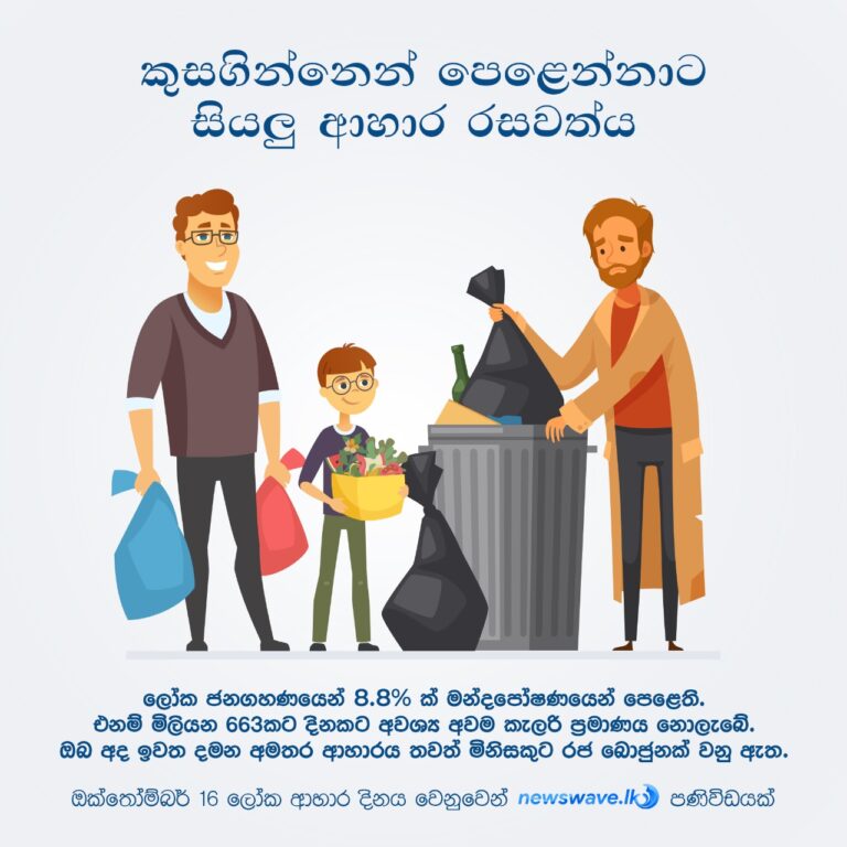 ලෝක ජනගහනයෙන් 8.8% ක්, එනම් ගෝලීය වශයෙන් මිලියන 663 ක ජනතාවක් මන්දපෝෂණයෙන් පෙළෙති මෙයින් අදහස් කරන්නේ අවම දෛනික ශක්ති අවශ්‍යතාවයන්ට වඩා අඩු කැලරි ප්‍රමාණයක් ඔවුන්ට ලැබෙන බවයි. ලෝක ජනගහනයෙන් 9% ක, එනම් මිලියන 697 ක ජනතාවක් ලබා ගන්නා ආහාර දැඩි ලෙස ආහාර අනාරක්ෂිත ය. ආහාර සුරක්ෂිතතාවයද ලෝකයේ විශාල ප්‍රමාණයක් පුද්ගලයින් මුහුණපාන ගැටලුවකි. එක් වසරකට දරුවන් පමණක් මිලියන 3.1ක් මන්දපෝෂණය නිසා මියයති. තිබෙන්නාට නීරස වූවද, කුසගින්නේ සිටින්නාට රසවත් ආහාර ඔබ අපතේ යවද්දී, සෑම තත්පර 10කට වරක්ම කුඩා දරුවකු කන්නට යමක් නැති නිසා මන්දපෝෂණයෙන් මිය යයි. ඔබ ගන්නා ආහාරය අපතේ යන්නට නොදී, තවකෙකුගේ කුස පුරවන්නට හැකිනම් , ලෝක ආහාර දිනයේදී ඔබගේ යුතුකම එලෙසින්ම ඉටුවෙයි. newswave.lk අපගේ ඉල්ලීමද එයයි.