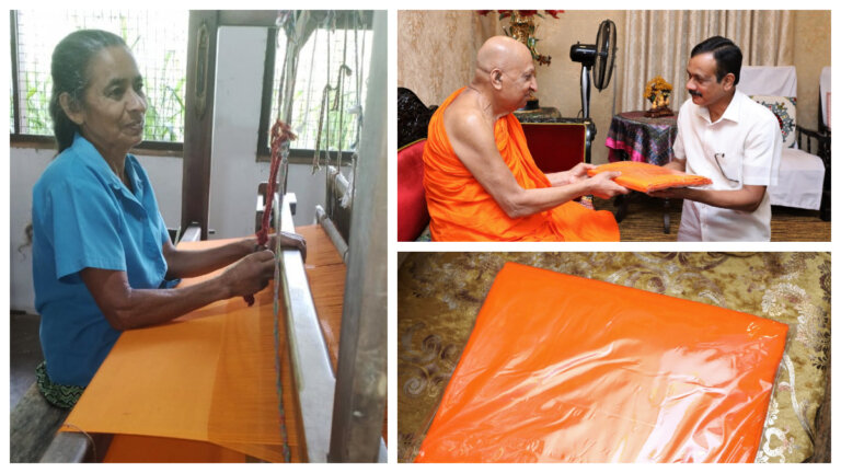 දෑතින් කටිනා කපු නූලෙන් නිමැවුණු චීවර මහා සංඝරත්නයට පූජා කරයි දෑතින් කටිනා කපු නූලෙන් නිමැවුණු චීවර මහා සංඝරත්නයට පූජා කරයි